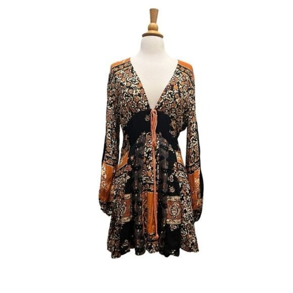 Free People Mixin’ It Up Mini Dress Orange/Black Floral Size M New With Tags - Picture 3 of 5